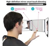 Portable 360 ° Miroir de maquillage noir à trois volets avec éclairage, doté d'un crochet réglable en hauteur. Idéal pour les coupes de cheveux et le rasage masculins, ainsi que pour l'application Lig