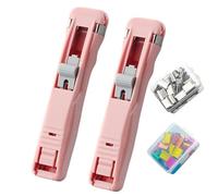Portable Binder Clip Stapler, Includes 100 Reusable Push Clips for File Binding and Document Organization (Pink)