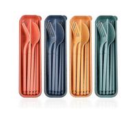 Portable Camping Utensil Set with Case - 4 Pack Reusable Cutlery, Eco-Friendly Knife, Fork, Spoon & Chopsticks for Travel