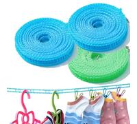 Portable Clothesline for Outdoor & Home,3 PCS Windproof Non-Slip Clothes Line,Adjustable Windproof Nylon Clothesline Rope with Hooks for Camping,Hotel,RV,Laundry Room,Balcony，3m*2+5m*1