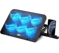 Portable Cooling Base, 12-17 Inch Laptop Cooling Fan, Height Adjustable, 6 Silent Fans, 2 USB Ports, Fast Cooling, Blue LED Light - Black