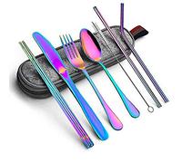 Portable Couverts 8 pièces Ensemble de Argenterie en Acier Inoxydable Vaisselle de Voyage Coutellerie Inclu Couteau/Fourchette/Baguettes/Cuillère/Pailles/Brosse de Nettoyage/Sac de Transport (Rainbow)