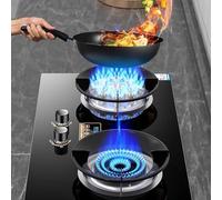 Portable Cuisiniere Gaz - Verre Trempé Cuisiniere, Cuisinières À Gaz Doubles À Poser Et Encastrées, Minuterie Intelligente De 99 Minutes Des Deux Côtés, Facile À Nettoyer(NG(Left 4.2kw/Right 5.0kw))