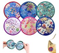 Portable Éventail Rond Pliable Éventail japonais pliable - Set de 6 éventails circulaires - Différents motifs (feu d'artifice, grue, montagne, bambou, fleur bleue, pivoine violette) - 7.8 x 7.8 pouces