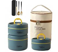 Portable Insulated Lunch Container Set- 2/3/4Tier Separate Stackable Stainless Steel Lunch Container with Insulated Lunch Bag, Hot Food Lunch Containers for Work Picnics Camping (Blue,3-Tier)