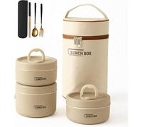 Portable Insulated Lunch Container Set- 2/3/4Tier Separate Stackable Stainless Steel Lunch Container with Insulated Lunch Bag, Hot Food Lunch Containers for Work Picnics Camping (Khaki,3-Tier)