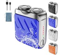 Portable Mini Small Steel Cannon Rotary Dual Ring Electric Shaver, Beard Shaver Mini and Portable Suitcase Design, IPX7 Waterproof, Wet & Dry Shaving Cordless Rotary Shaver (Bleu)