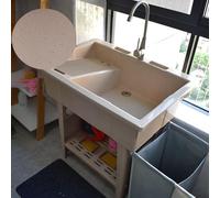 Portable Outdoor Hand Wash Station - Free Standing Plastic Kitchen Sink with Hot/Cold Water Faucet Washboard & Utility Laundry Tub for Camping Backyard & Garage (Marble Brown)