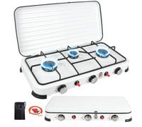 Portable Rechaud Gaz, Réchauds de camping 3 Feux 5.4KW, Rechaud Camping Gaz Auto Allumage Piézo, Réchauds de camping pour Extérieur avec Tuyaux 150 cm et Régulateur de 37 mbar (Blanc)