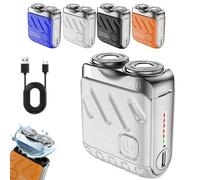 Portable Rotary Dual Ring Electric Shaver,R-12 Luggage Electric Shaver,Mini Small Steel Cannon Rotary Dual Ring Electric Razor for Men,USB Rechargeable for Home Travel (Silver)