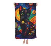 Portable Serviette De Plage, Chat Lumineux Et Imprimé Étoile Rainbow Serviettes De Piscine Séchage Rapide Couverture De Plage pour Spa Vacances Camping 80X130Cm