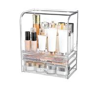 Portable Vanity Makeup Organizer with Cover - Dustproof Cosmetic Storage Box, Clear Makeup Display Case with Drawers for Countertop, Easy-to-Use Organizer for Makeup, Brushes, and Beauty Accessories