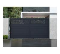 Portail électrique coulissant aluminium semi plein à motifs L374 x H180 cm - anthracite - BAZIO