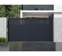 Portail électrique coulissant aluminium semi plein à motifs L374 x H180 cm - anthracite - BAZIO