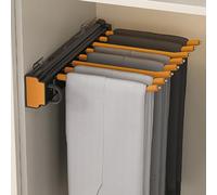 Portant à pantalons coulissant et amovible, extensible et peu encombrant, avec penderie à roulettes. Système de rangement pour vêtements homme et femme. Cintres à double rangée en acier inox