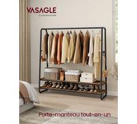 Portant à Vêtement, Porte-manteaux, Armoire, Vestiaire, avec 2 Étagères, 6 Crochets en Forme de S, Cadre en Acier, 45 x 138 x 160 cm, pour Chambre, Marron Rustique et Noir