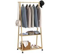 Portant à vêtement portemanteau HOMCOM en bambou sur roulettes avec 2 étagères et 2 crochets, pour entrée, chambre, bois naturel