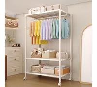 Portant à vêtements à roulettes robuste, à 3 niveaux réglables avec tiges et crochets latéraux, étagère de rangement autonome avec roulettes pour chambre à coucher, buanderie, blanc