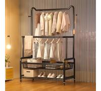 Portant à vêtements à roulettes robuste avec 2 barres en métal, présentoir à chaussures, réglable, blanc/noir, 100 cm