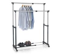 IDIMEX Portant à vêtements CASA en métal chromé et Noir, penderie Double sur roulettes vestiaire Mobile avec 2 Barres Hauteur et Longueur réglables