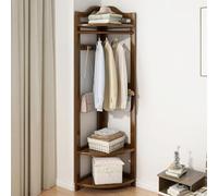 Portant À Vêtements d'angle avec Crochets Et Étagères, Portemanteau d'angle en Bambou, Tringle À Vêtements Épaisse Et Porteuse, Étagère De Rangement Autoportante pour Entrée(B)