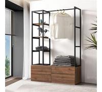 [en.casa] Portant à Vêtements Portemanteau au Design Industriel Garde-Robe Ouverte pour Entrée Chambre Dressing Métal MDF 180 x 120 x 40 cm Noir Effet Noyer