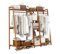 Portant à vêtements en Bambou avec étagères à 9 Niveaux Porte-vêtements Suspendu à Double Tige Porte-vêtements Multifonctionnel autoportant Robuste pour la Chambre à Coucher (Couleur: Marron