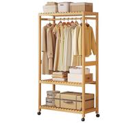 Portant à vêtements en bambou avec roulettes, penderie autoportante, tringle à vêtements pour chambre à coucher, rangement pour robe, chaussures, chapeaux, charge maximale 100 kg