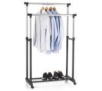 IDIMEX Portant à vêtements Grosso penderie Double sur roulettes vestiaire Mobile avec 2 Barres de Hauteur réglable et Une Tablette de Rangement, en métal chromé et Plastique Noir