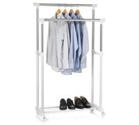 IDIMEX Portant à vêtements Grosso penderie Double sur roulettes vestiaire Mobile avec 2 Barres de Hauteur réglable et Une Tablette de Rangement, en métal chromé et Plastique Blanc