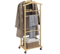 HOMCOM Valet de chambre à roulettes, portant à vêtements en bambou avec double cintre intégré, tige à pantalons, plateau à accessoires et étagère, porte-manteaux pour chambre, buanderie, bois naturel