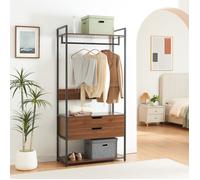 [en.casa] Portant à Vêtements avec 2 Étagères de Rangement et 2 Tiroirs Portemanteau avec Barre de Penderie Dressing Ouvert Syle Industriel Métal MDF 180 x 84 x 40 cm Noir Effet Noyer