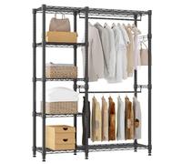 Portant à Vêtements Ouvert avec 5 Étagères, Porte-Manteaux à Double Tringle,1 Crochet,Hauteur Réglable,Structure en Métal Robuste Penderie Industrielle pour Chambre, Salon, Couloir 114*44*195cm Noir