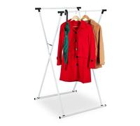 Relaxdays Portant à vêtements Extensible, HxLxP : 139x135x95 cm, 2 tringles, pour l’entrée, Valet Pliable, métal, Blanc