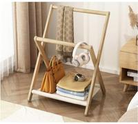 Portant à vêtements pliable en bois avec 2 tringles supérieures et étagères en tissu, design peu encombrant pour l'organisation de la chambre à coucher, solution de rangement élégante pour les petits