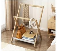 Portant à vêtements pliable en bois avec 2 tringles supérieures et étagères en tissu pour économiser de l'espace pour chambre à coucher, solution de rangement élégante et fonctionnelle