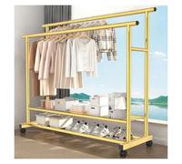 Portant à vêtements portable avec roulettes, cintre à 2 barres, nizer de rangement à 2 niveaux, finition dorée élégante, 150 cm, support de garde-robe pour la maison et le placard