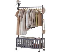 Portant à vêtements portable en bambou avec roulettes, cintre de sol gris élégant pour sacs et chapeaux, comprend un panier de rangement inférieur, armoire de chambre à coucher, hauteur 83,8 cm