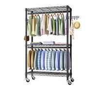 Portant à vêtements robuste à 3 niveaux réglables en fil métallique pour suspendre des vêtements, unité de rangement en métal portable avec roulettes, 2 barres et crochets sur le côté, autoportant