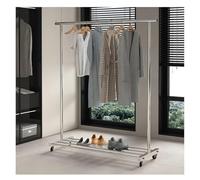 Portant à vêtements simple et robuste, avec roue, barre unique en acier inoxydable, cintres de présentation au sol, organiseur de vêtements de vente au détail