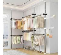 Portant à vêtements télescopique réglable du Sol au Plafond avec étagère de Rangement Argent