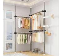 Portant à vêtements télescopique réglable pour Usage Domestique, du Sol au Plafond, avec étagère de Rangement, présentoir (Argent)