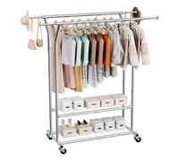 Portant à vêtements VEVOR, portant à vêtements roulant avec 2 barres de suspension et 2 étagères de rangement, capacité de charge de 120 kg, hauteur réglable en acier carbone pour chambre, buanderie,
