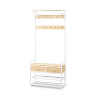 Portant d’Entrée avec 2 Tiroirs, 10 Crochets Amovibles, pour Couloir, 80 x 30 x 182 cm, Blanc et Chêne