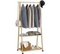 HOMCOM Portant à vêtement portemanteau en bambou sur roulettes avec 2 étagères et 2 crochets, pour entrée, chambre - dim. 84,5 x 43,5 x 158 cm, effet bois naturel