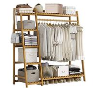 Portant Penderie à Vêtements en Bambou, Penderie Bois, 4 en 1 Porte-Manteau Vêtements Tringle Rangement 6 étagères, Portant Vetement Portant à Vêtements Bois, Naturelle