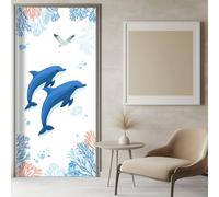 Porte Autocollants 3d Papier Peint Dessin Animé Dauphin Corail Sticker Porte Poster pour Salon Chambre Décoration De La Maison, Blanc PVC Imperméable Stickers Muraux 90x200 cm