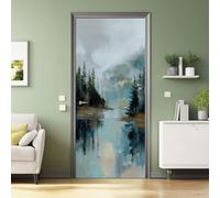 Porte Autocollants 3d Papier Peint Lacs Abstraits Forêts Sticker Porte PVC Imperméable pour Décoration Mur Salon Cuisine Chambre Salle 80x210 cm, Bleu Gris