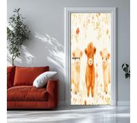 Porte Autocollants Aquarelle Animal Bovins Des Highlands 83x204 cm Crème 3D Papier Peint Imperméable Stickers de Porte, Vinyle Stickers Muraux Décoration