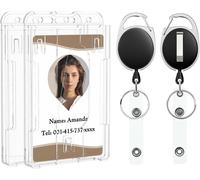 Porte Badge 2 Cartes Vertical En Plastique Transparent Avec Enrouleur De Badge Rétractable Porte Carte Navigo Pour Cartes D'école D'étudiant De Bureau De Crédit Et D'identité,2 Paquets